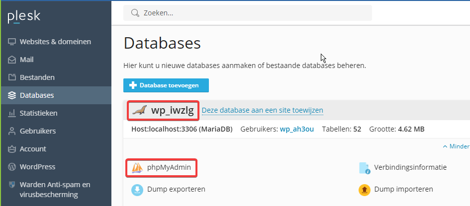 Plesk: Database, phpMyAdmin (NL).png
