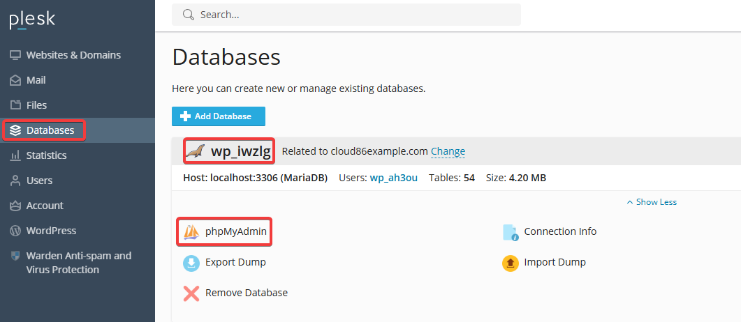 Plesk: Database, phpMyAdmin (EN).png