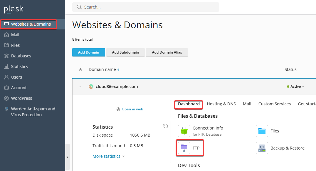 Plesk: Domain, Dashboard, FTP (EN).png