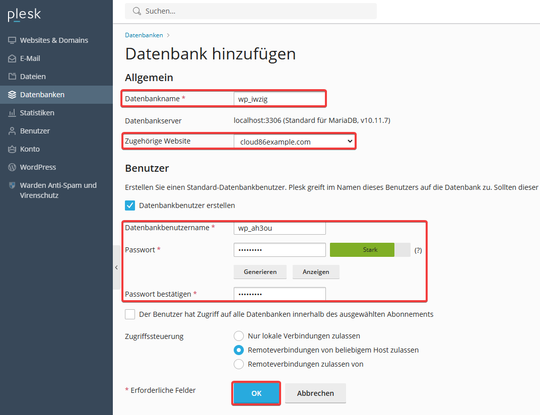 Plesk: Database, WordPress restore, make database (DE).png