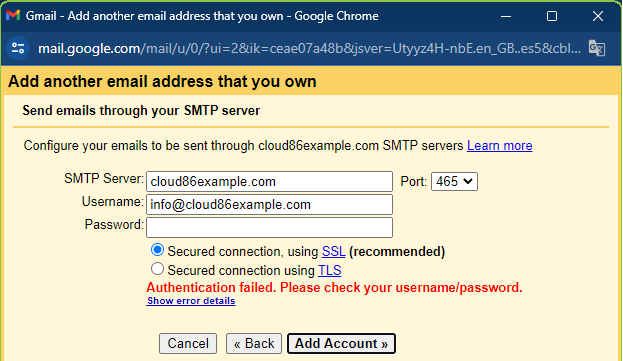 Gmail: Setup IMAP Add another email address that you own, Authentication error (ALL).png