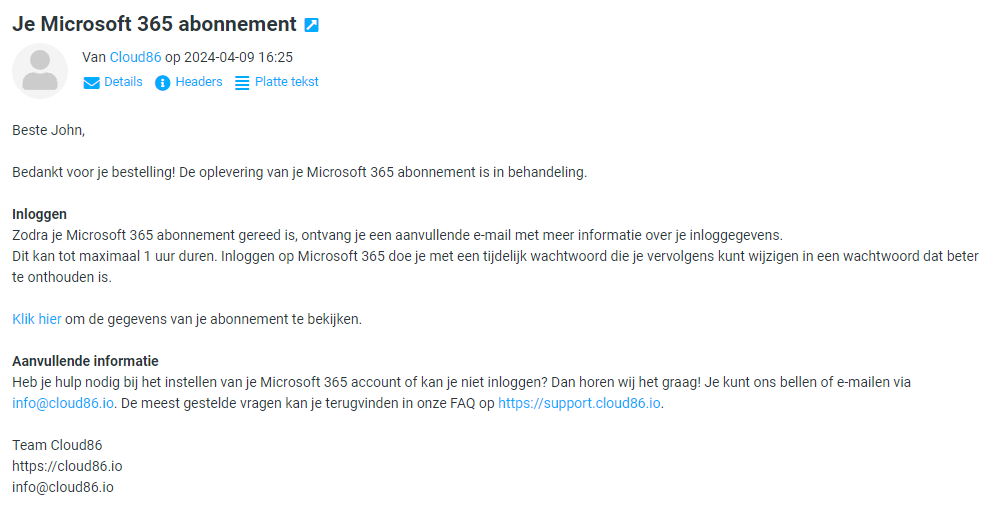 Microsoft 365 Opleveringsmail vanuit Cloud86